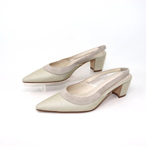 Manolo Blahnik 38 Golpeso Natural Linen & Suede Slingback Kitten Heel Mules - Picture 8 of 12